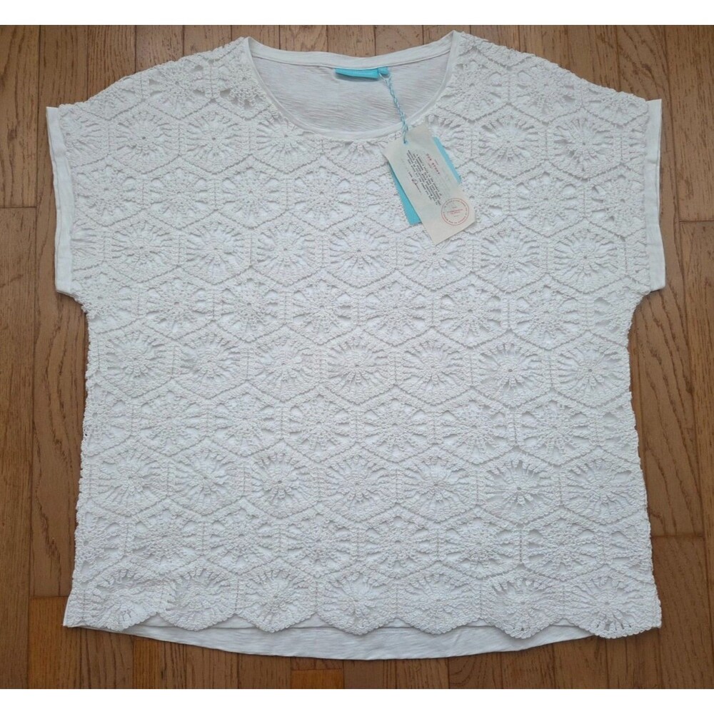 Blue Illusion Women's Lace Front Top White Short Sleeve Shirt Size 2L Cotton NEW